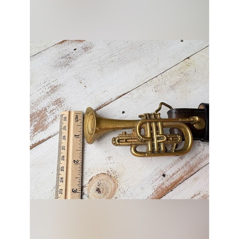 Vintage 70s leather belt Baron solid Brass Buckle cornet trumpet music band 34 - Picture 16 of 16